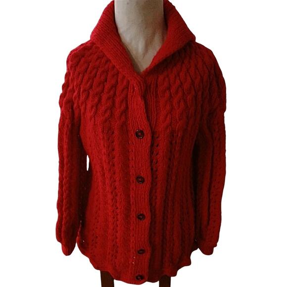 Handmade Crochet Cardigan Sz M Red Cableknit Thick Chunky...
